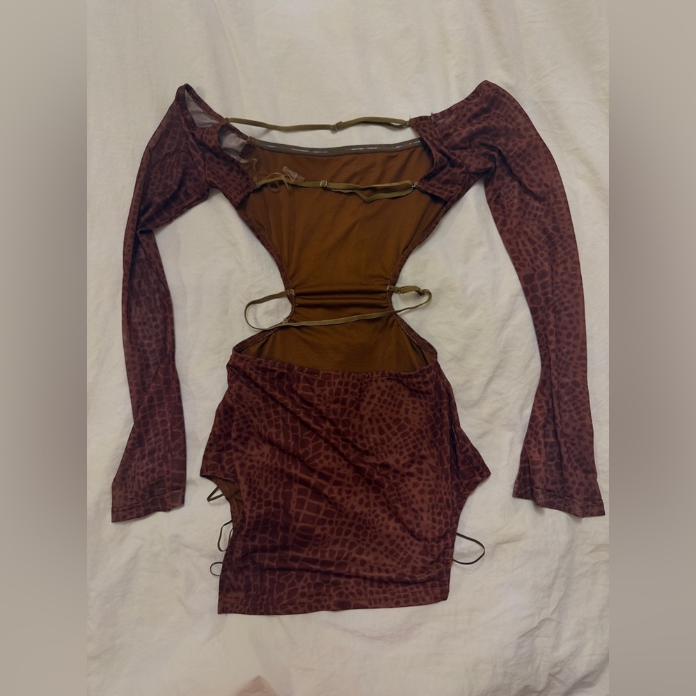 Dolls Kill Brown Croc-Print Mini Dress with Cutouts - Picture 2 of 2